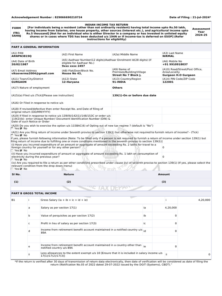 ITR1 Income Tax Return 2024-25 Form | PDF | Payments | Taxes