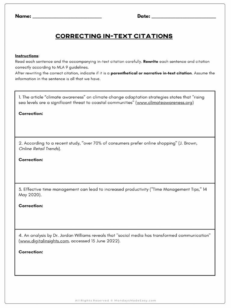 NOAH BONAMIE Copy of 04 Correcting in Text Citations Worksheets | PDF