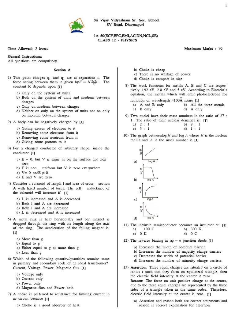 Class 12 Physics Exam Paper Guide | PDF | Atomic Nucleus | Capacitor