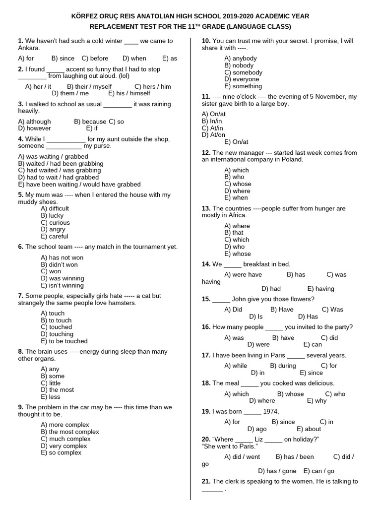 11th Grade English Replacement Test | PDF