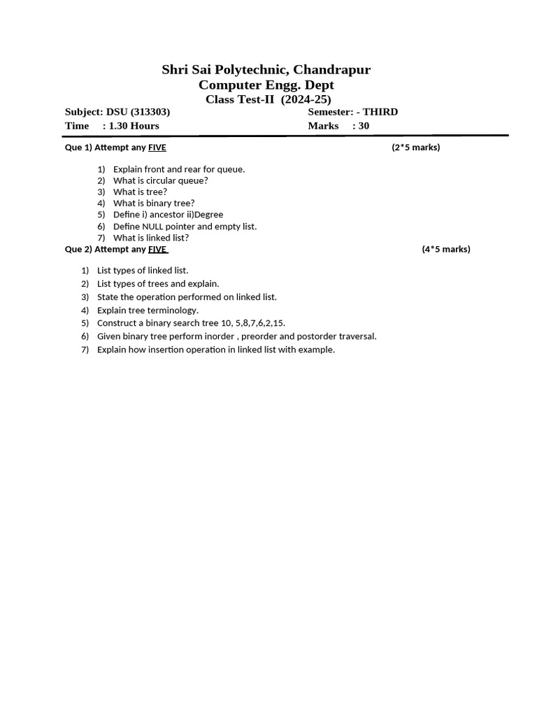 DSU Class Test II - Computer Engg 2024-25 | PDF
