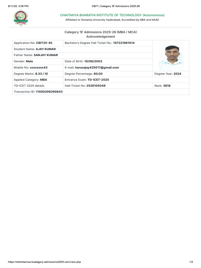 CBIT MBA/MCA Admissions 2025-26 Details | PDF