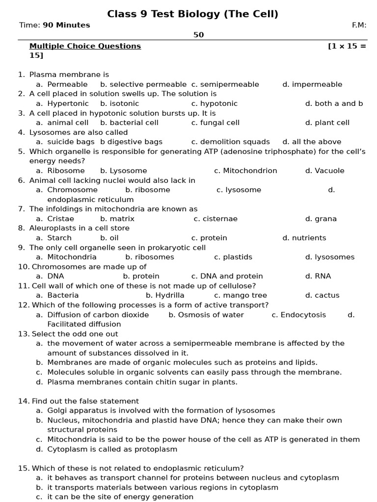 Class 9 Biology Test: The Cell Concepts | PDF | Cell (Biology) | Cytoplasm