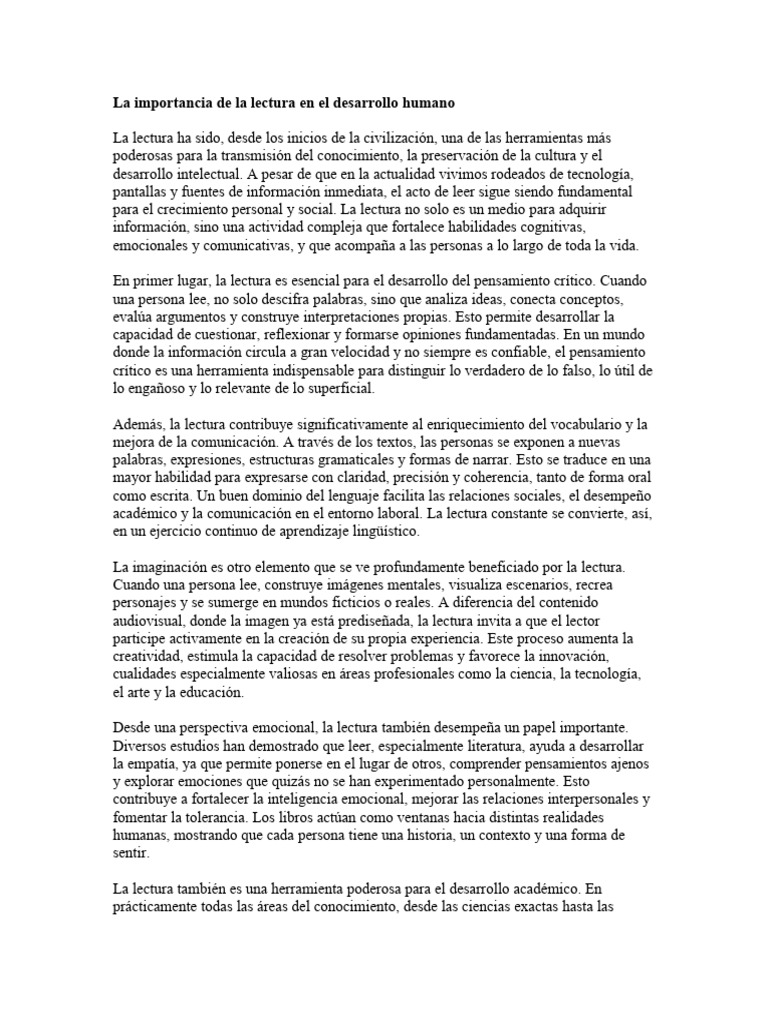 La Importancia de La Lectura en El Desarrollo Huma | PDF | Mente ...