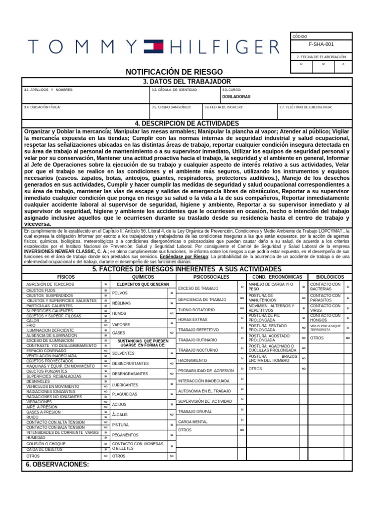 F-Sha-001 Notificación de Riesgos Dobladoras - Tommy | PDF | Seguridad ...