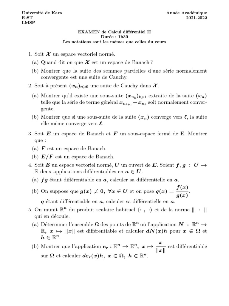 Examen de Calcul Différentiel en Banach | PDF | Variété différentielle ...
