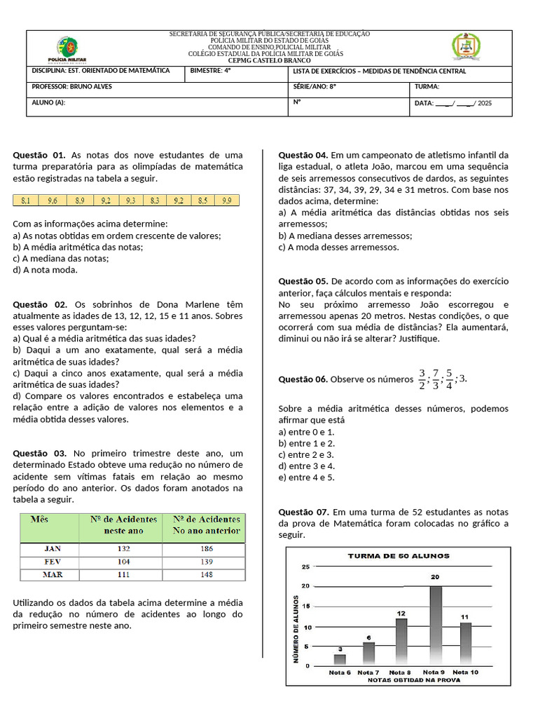 Exercícios sobre Medidas de Tendência Central | PDF | Média | Aritmética