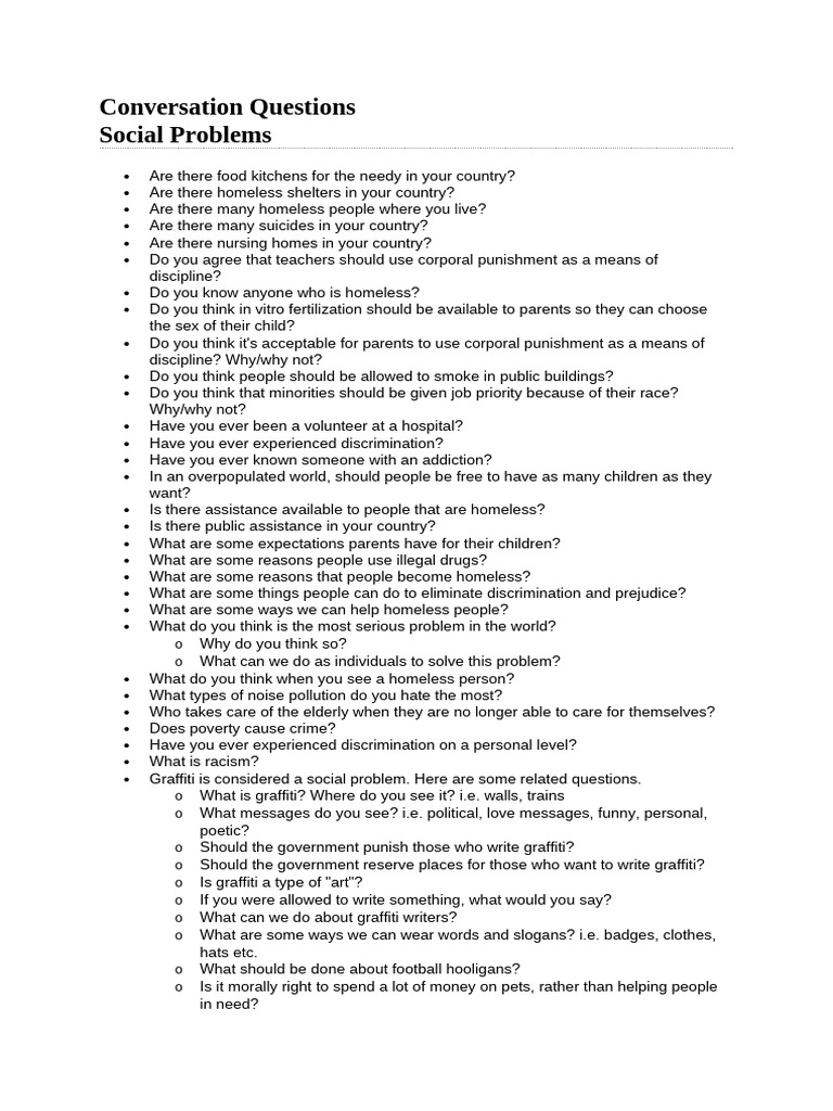 Social Issues Conversation Questions | PDF | Homelessness | Social Policy