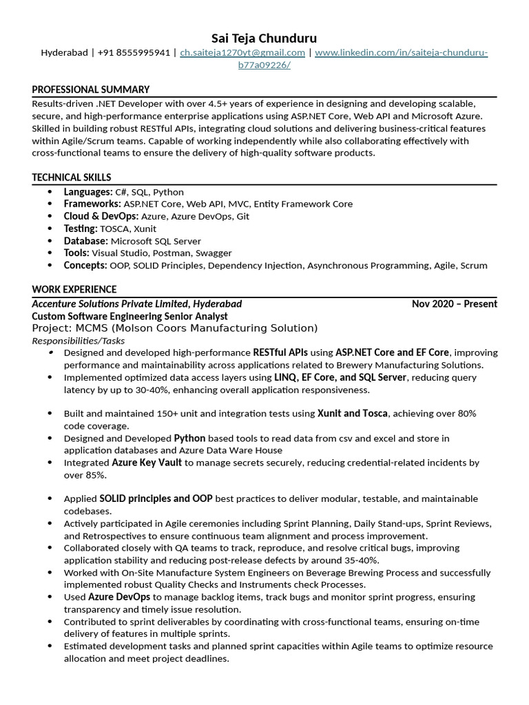 Saiteja Chunduru Resume | PDF | Microsoft Sql Server | Information ...