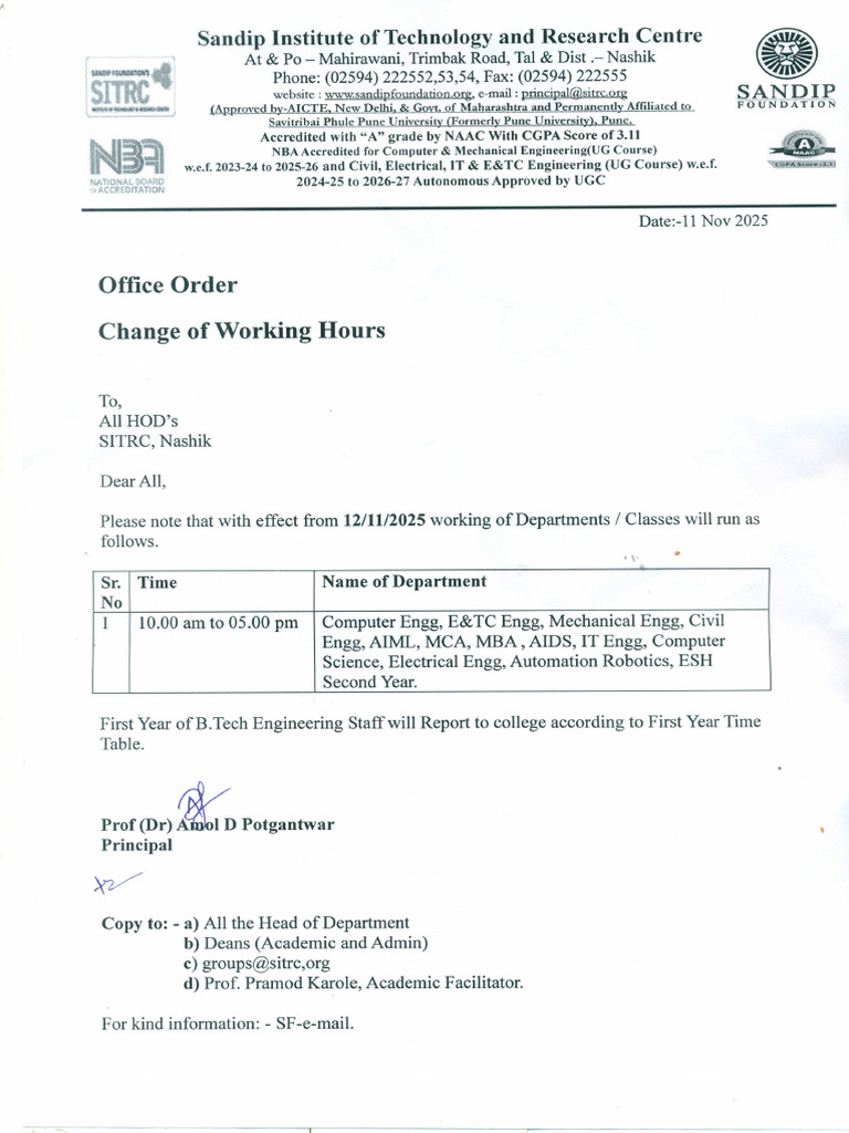 Office Order - Change of Working Hours. | PDF