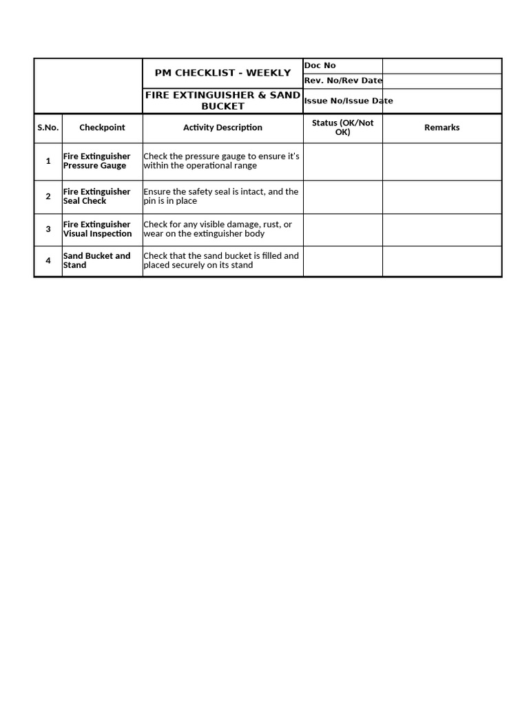Fire Ext Sand Bucket Etc Checklist | PDF | Calibration | Sensor