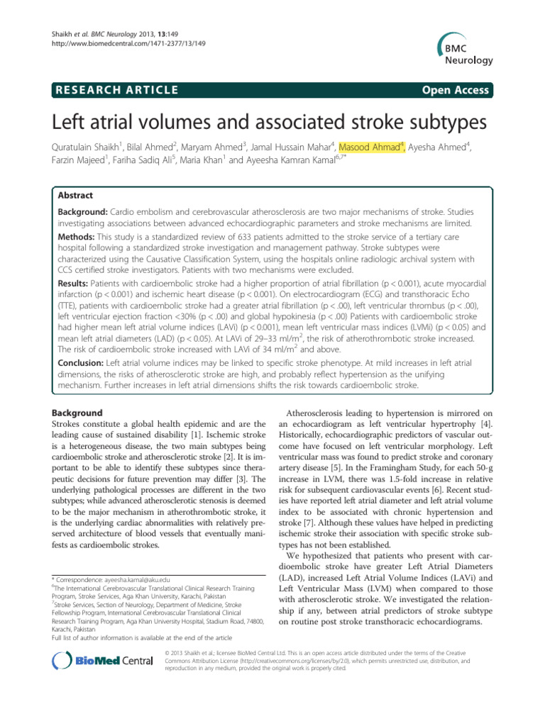 Left Atrial Volumes and Stroke Types | PDF | Stroke | Cardiovascular ...