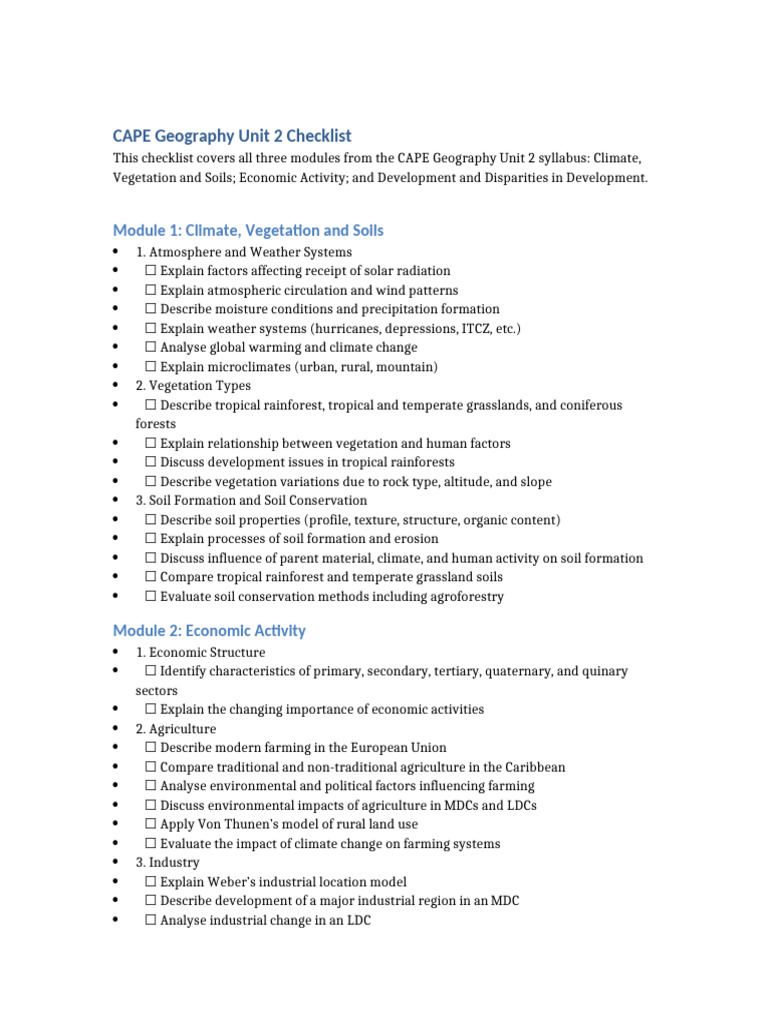 CAPE Geography Unit 2 Checklist | PDF | Soil | Tropics