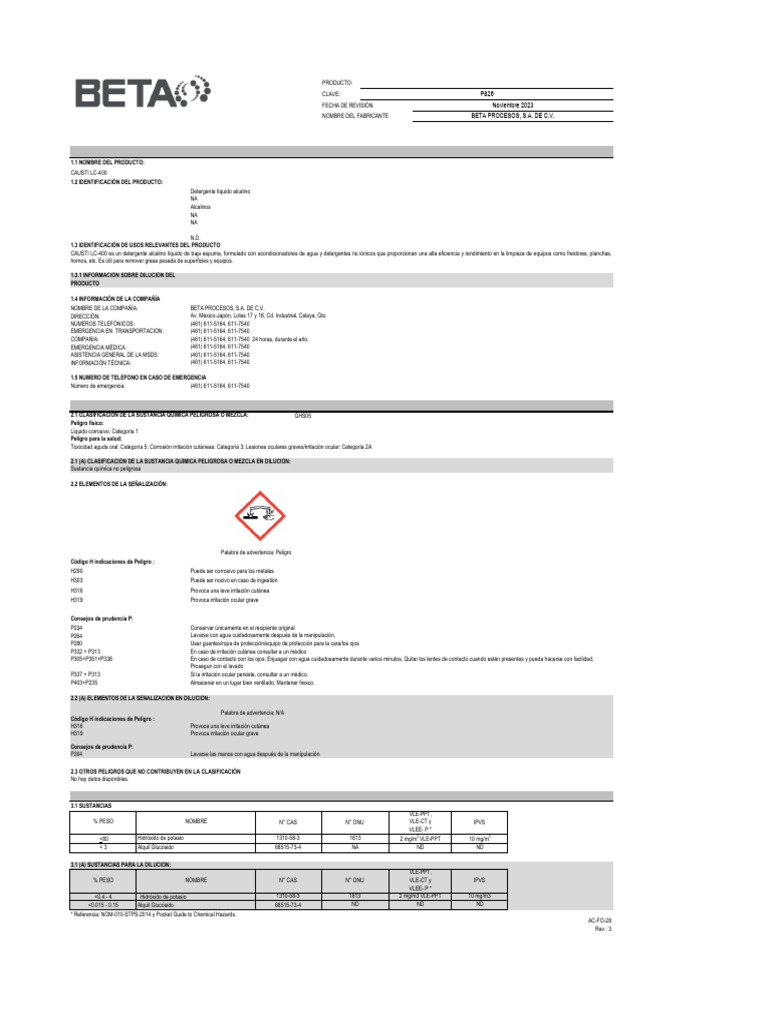 Hoja de Seguridad Causti LC-400 | PDF | Detergente | Corrosión