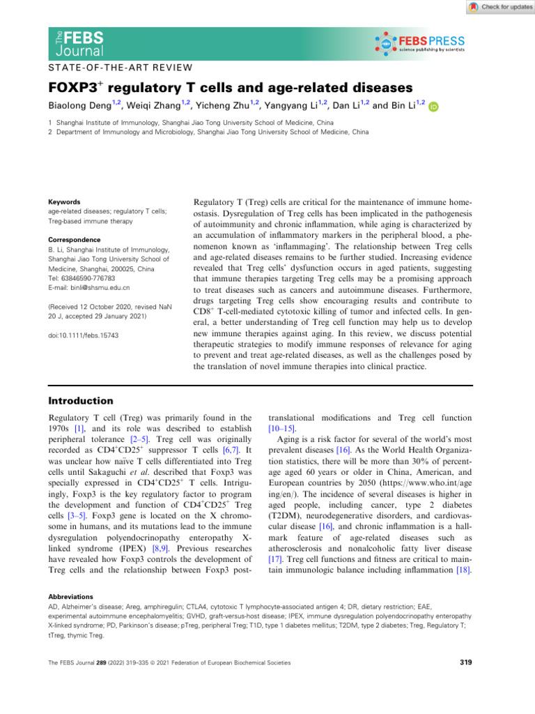 The FEBS Journal - 2021 - Deng - FOXP3 Regulatory T Cells and Age ...