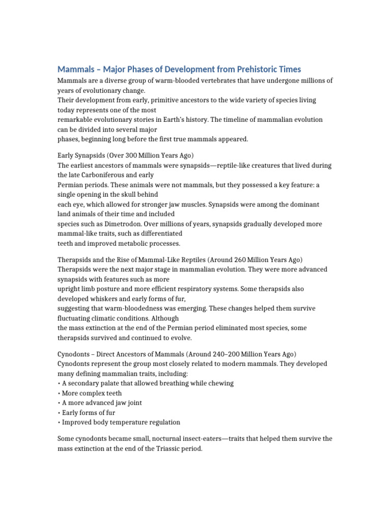 Evolution of Mammals: Key Development Phases | PDF | Mammals | Dinosaurs