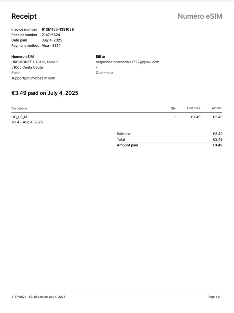 eSIM Payment Receipt - July 2025 | PDF