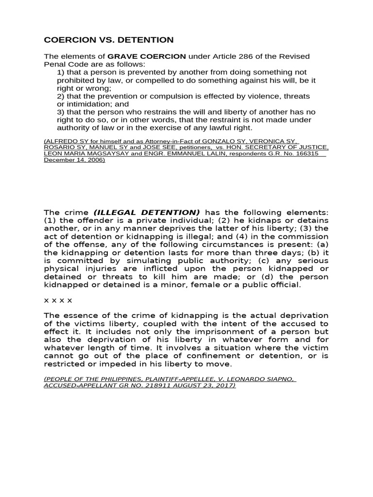 Coercion vs. Illegal Detention Explained | PDF