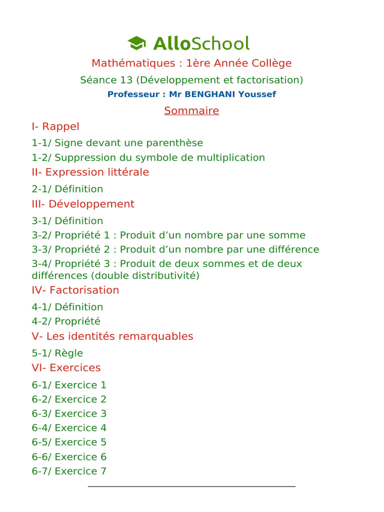 Développement et Factorisation en Maths | PDF | Factorisation ...