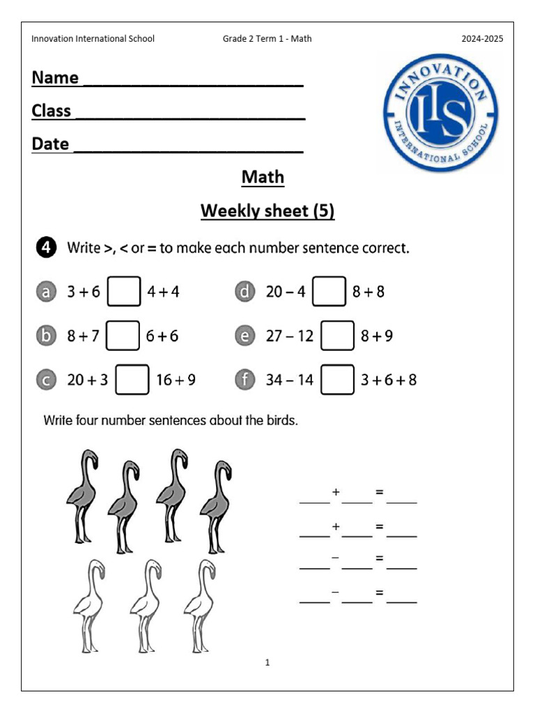 Grade 2 Math Weekly Sheets 2024-2025 | PDF