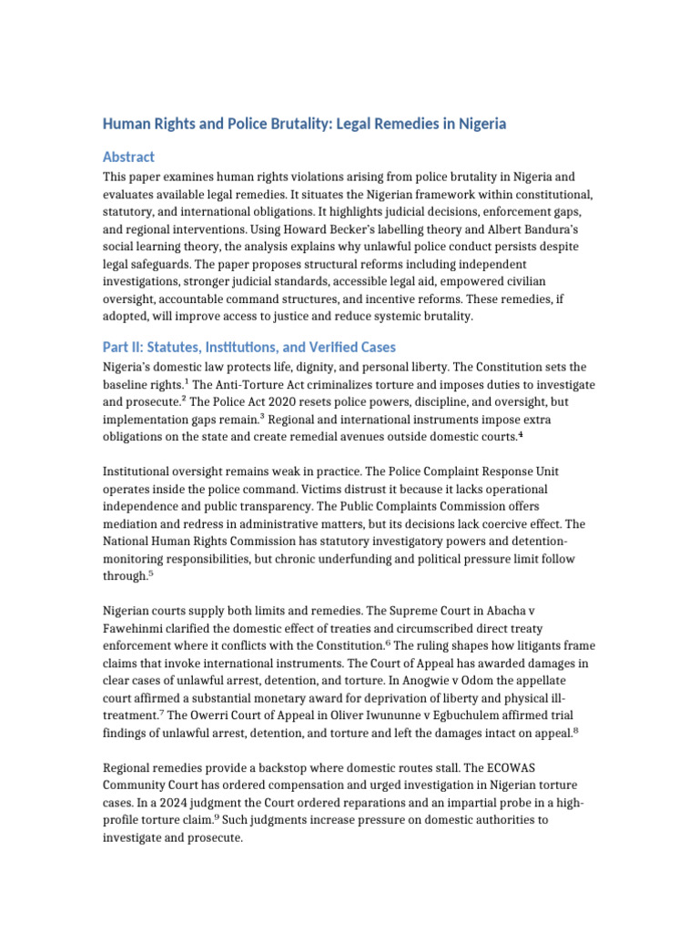 Legal Remedies for Police Brutality in Nigeria | PDF | Torture | Police