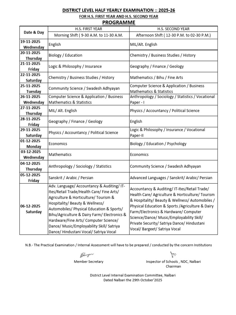 H.S. Half Yearly Exam Schedule 2025-26 | PDF | Science