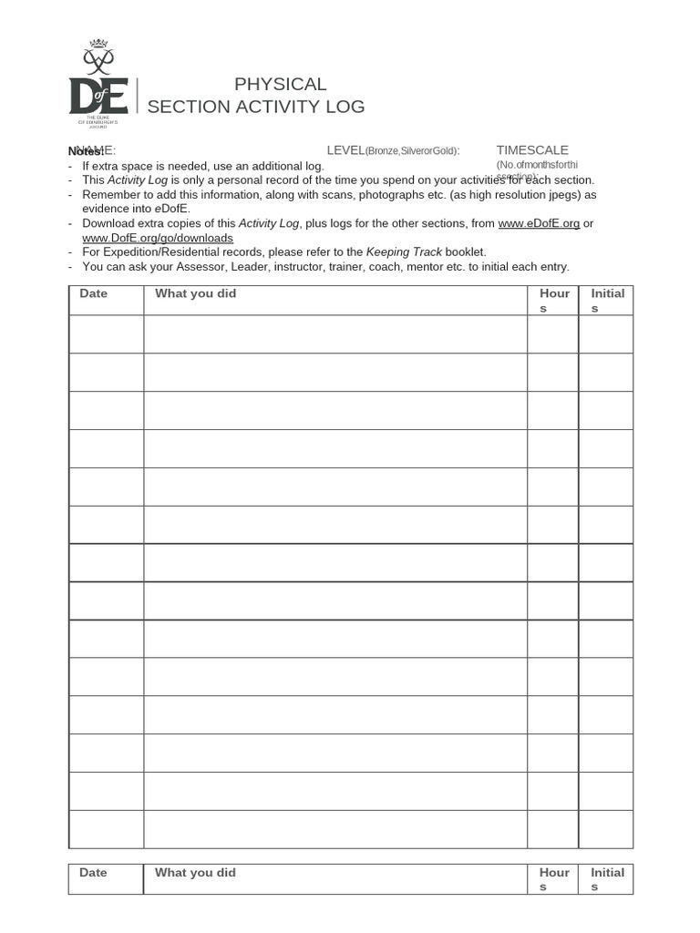 Physical Section Activity Log Template | PDF