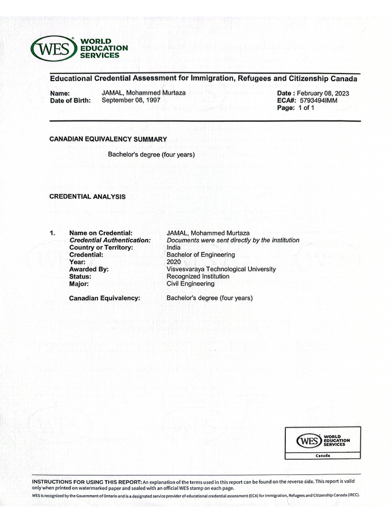 Wes Evaluation Certificate | PDF
