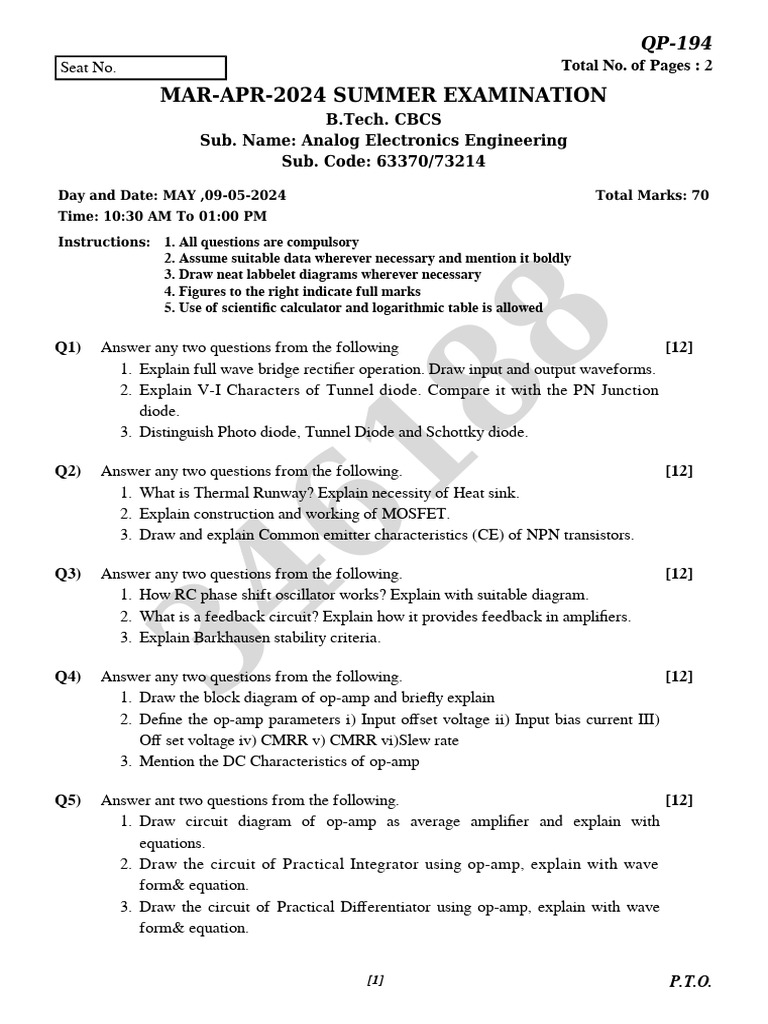 B.Tech Analog Electronics Exam Paper | PDF | Operational Amplifier ...