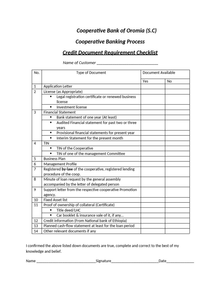 Cooperative Bank Credit Document Checklist | PDF