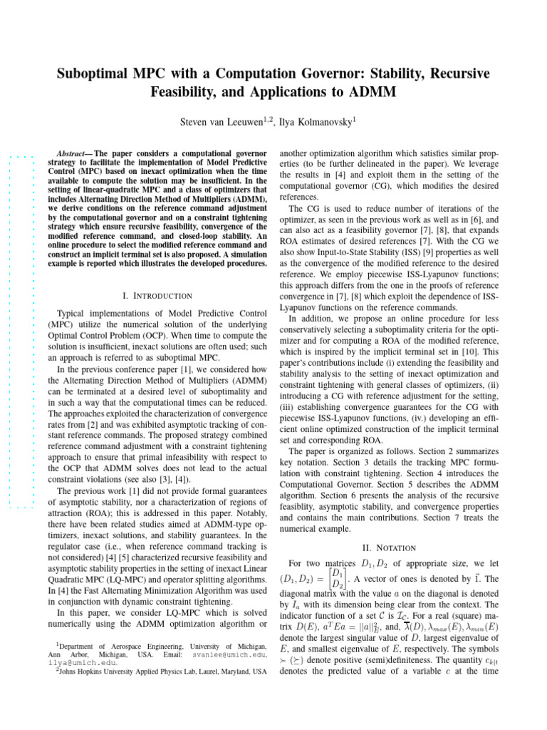 Suboptimal MPC with Computation Governor | PDF | Mathematical ...