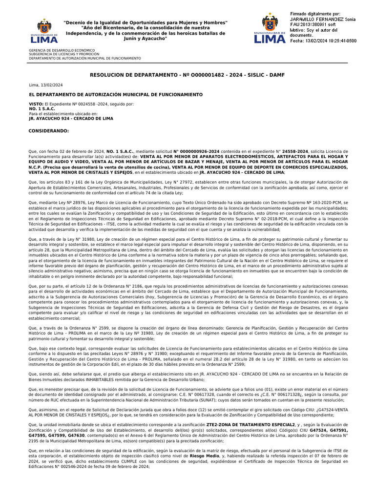 Resolucion Licencia de Funcionamiento | PDF | Lima