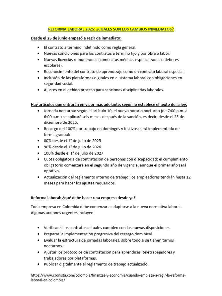 Cambios Inmediatos Reforma Laboral Colombia | PDF