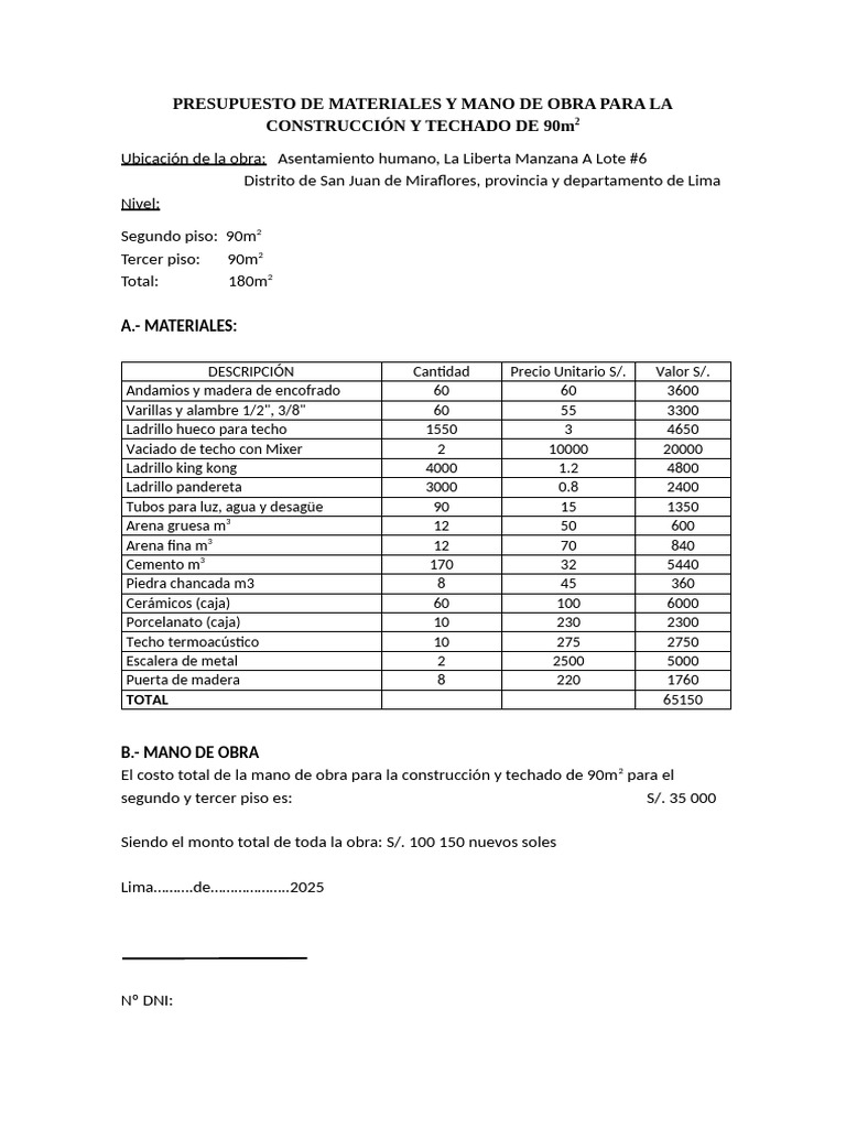 Presupuesto Construcción 180m2 Lima | PDF