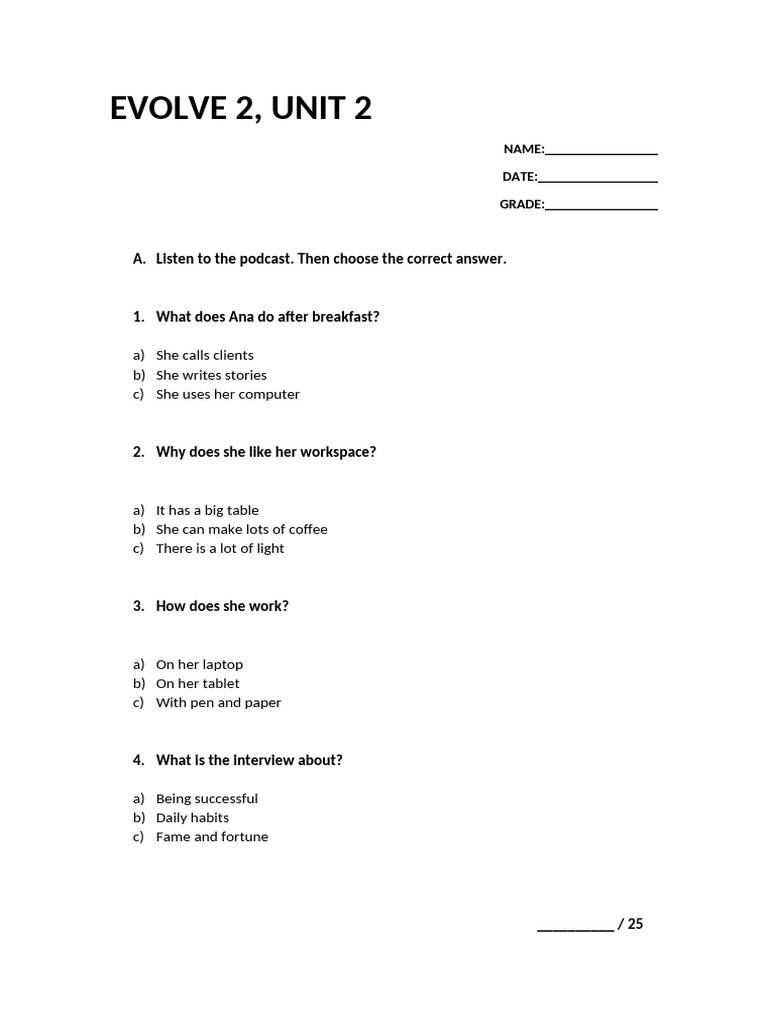 Evolve 2 Unit 2 Listening Quiz | PDF
