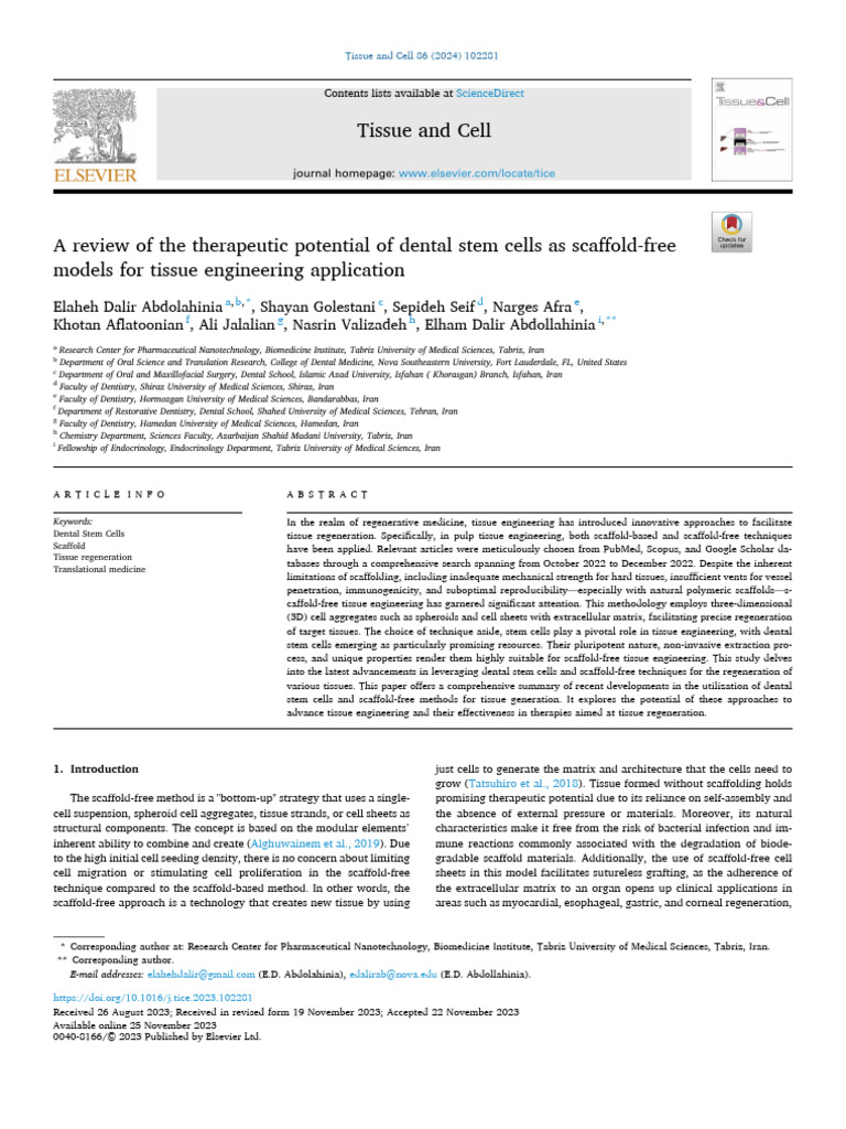 Dental Stem Cells in Scaffold-Free Tissue Engineering | PDF | Tissue ...