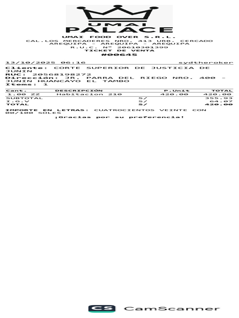 Umai Food Over S.R.L.: Cliente RUC Dirección Items | PDF
