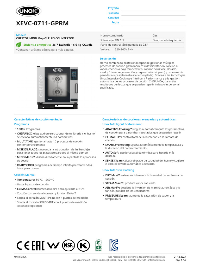Horno Combinado Unox XEVC-0711-GPRM | PDF | Agua | Cocinando