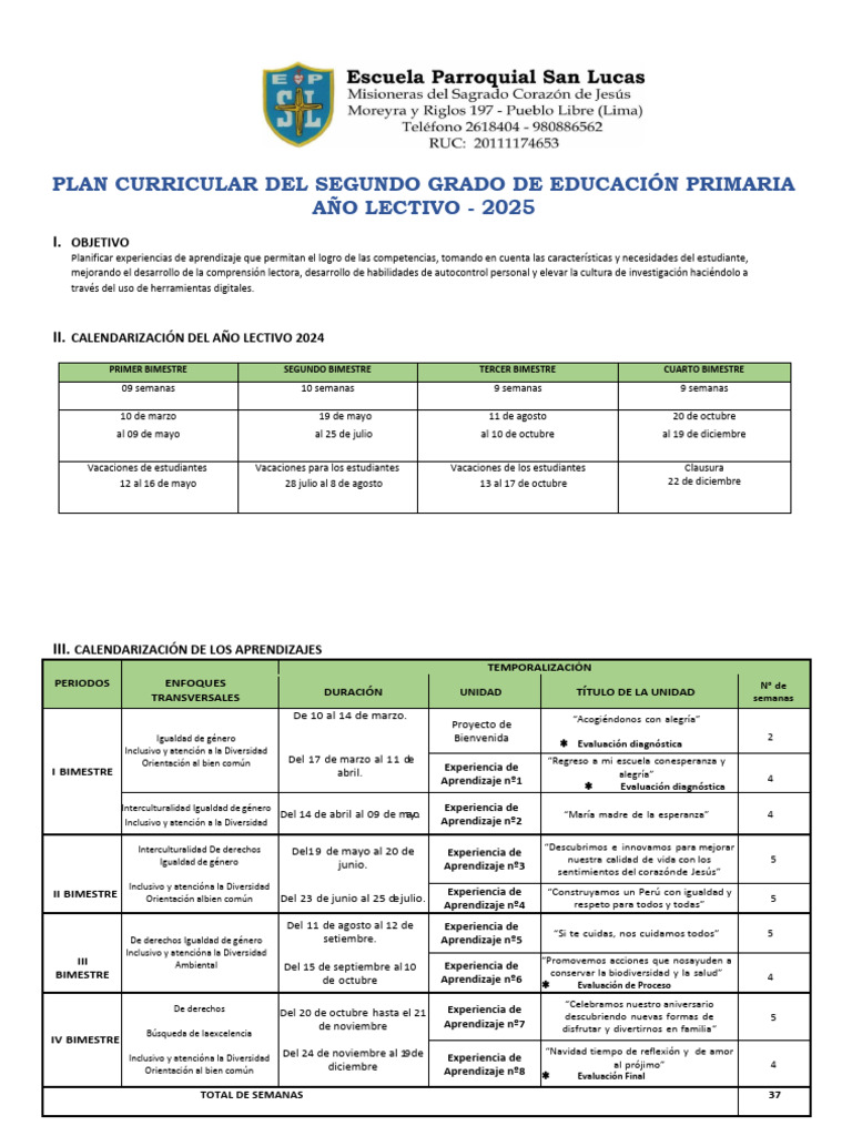 Plan Curricular Segundo Grado 2025 | PDF | Longitud | Datos