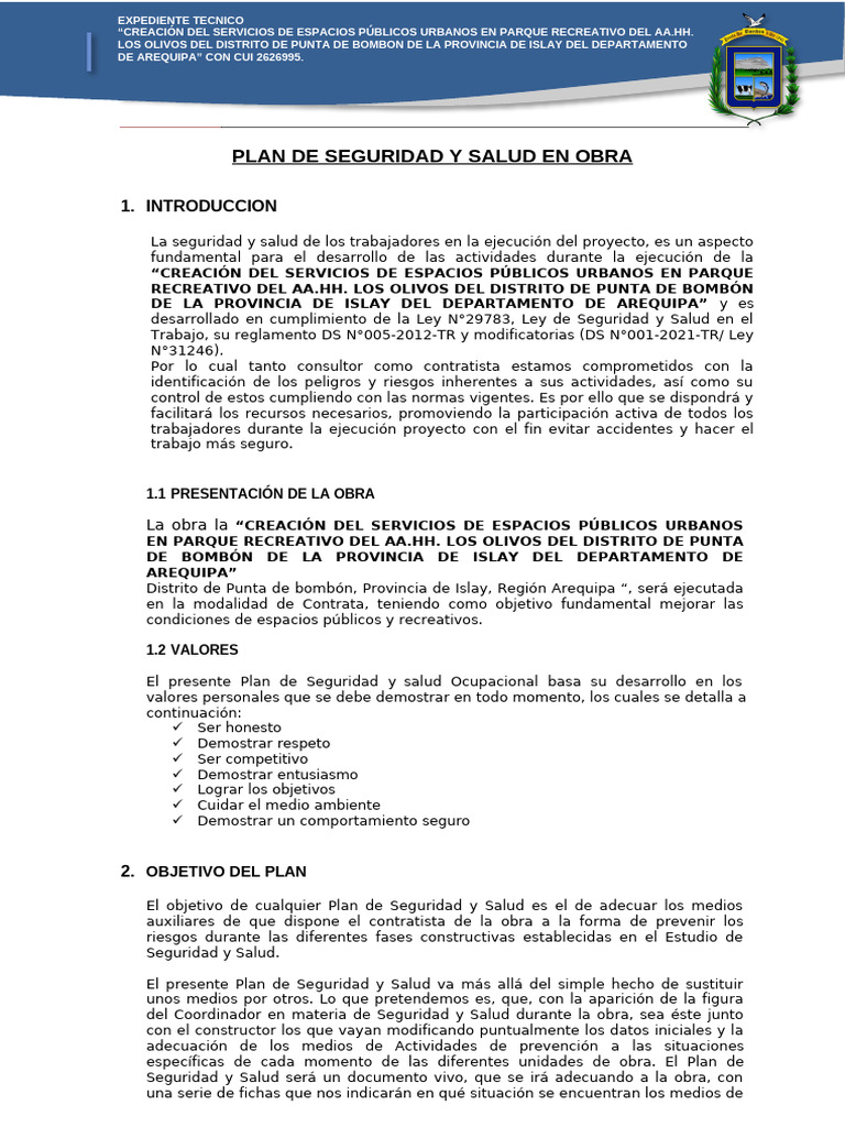 Plan de Seguridad en Obra Punta de Bombón | PDF | Seguridad y salud ...