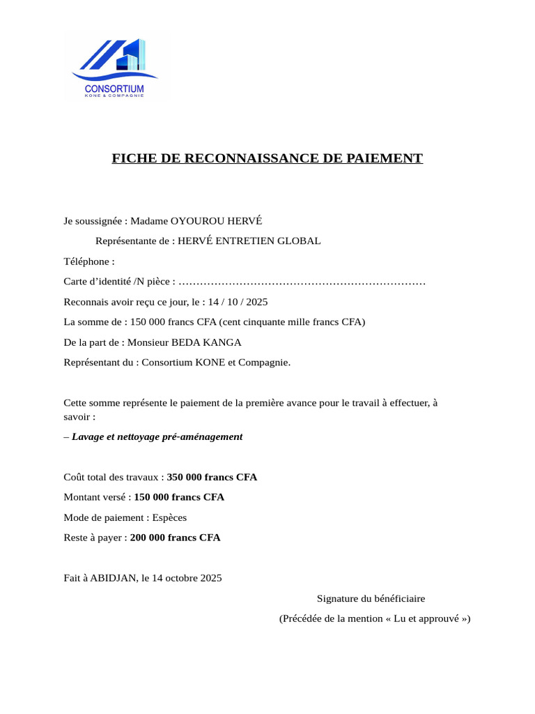 Reconnaissance de Paiement - HERVÉ ENTRETIEN | PDF