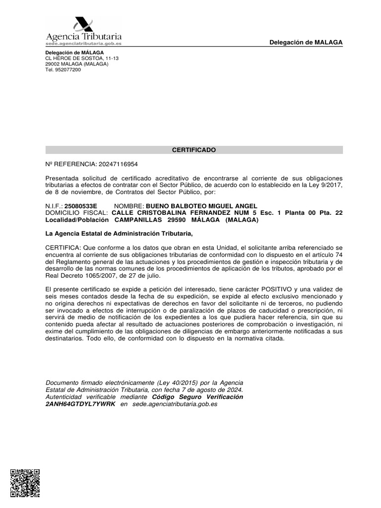 Certificado de Obligaciones Tributarias Málaga | PDF | Justicia ...