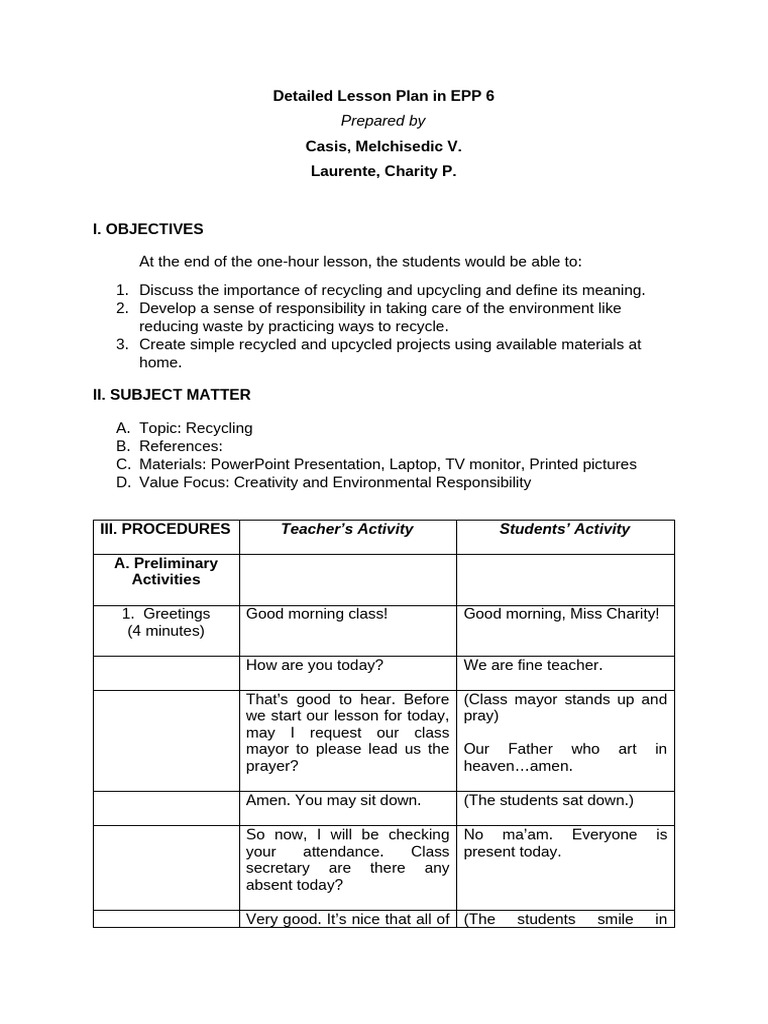 EPP 6 Lesson Plan on Recycling | PDF