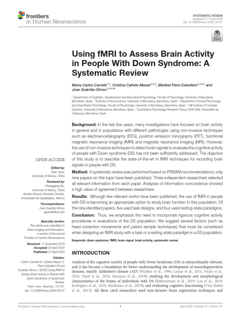 fMRI Brain Activity in Down Syndrome | PDF | Functional Magnetic ...