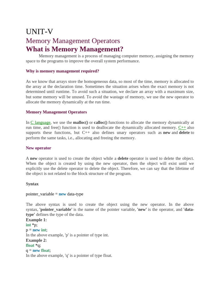 Memory Management in C++: New & Delete Operators | PDF | Pointer ...