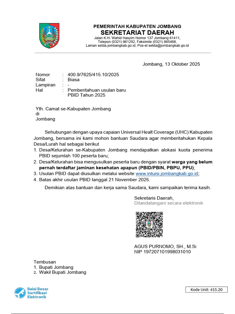 20251013115532 Surat Sekda Usulan Tambahan PBID 2025 | PDF
