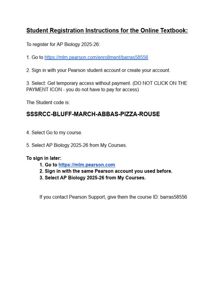 Student Registration Instructions for the Online Textbook | PDF