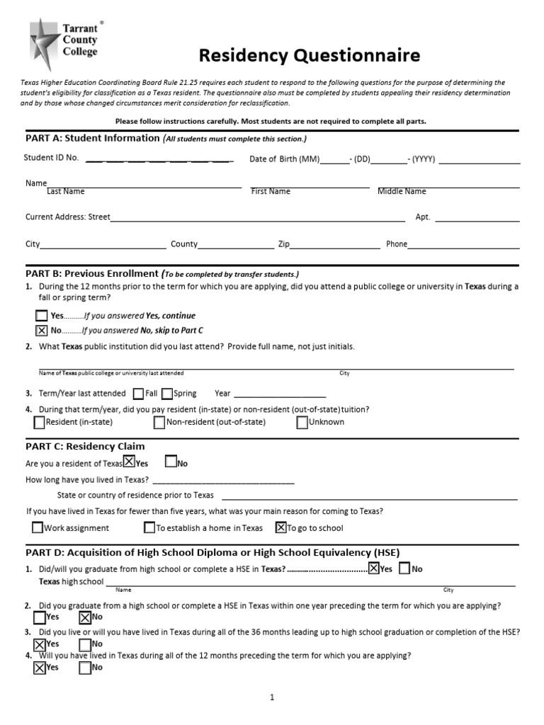 Texas Residency Questionnaire Form | PDF