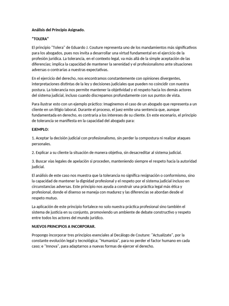 Análisis Del Principio Asignado TOLERA | PDF