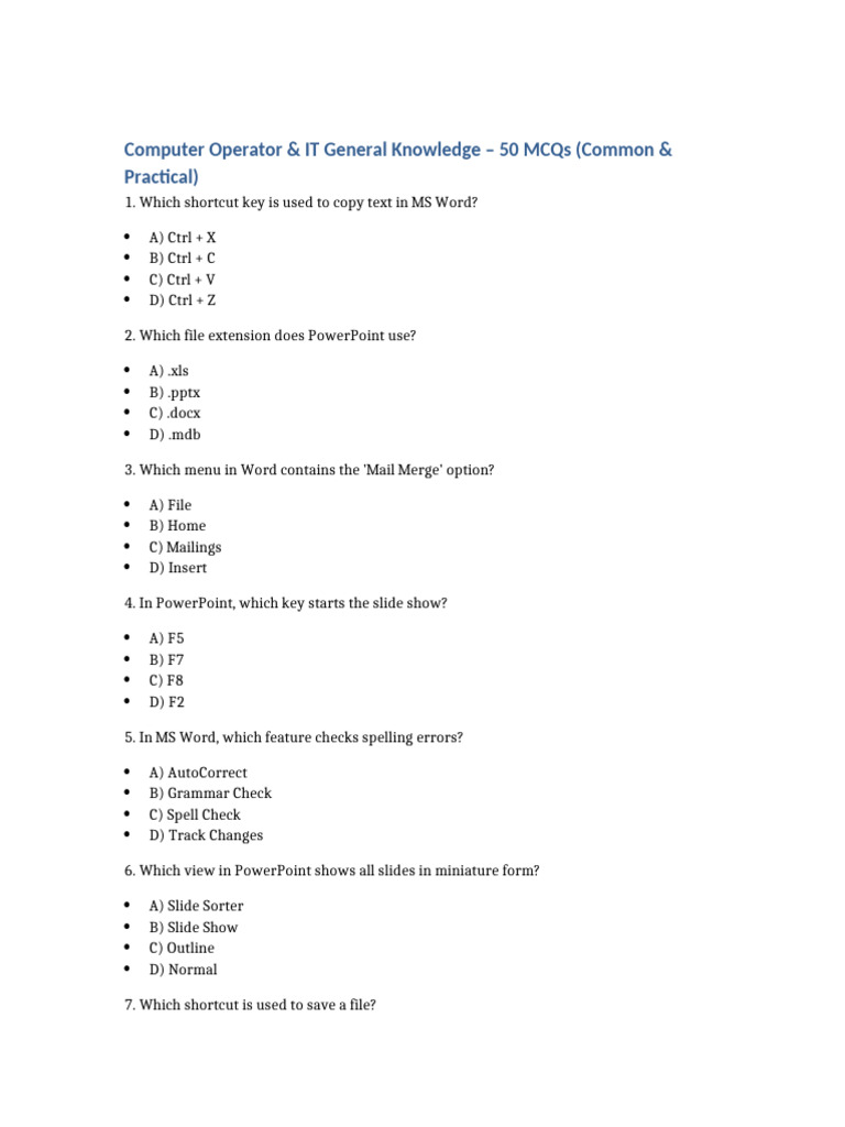 Computer Operator IT 50 MCQs | PDF | Computer Network | Internet ...